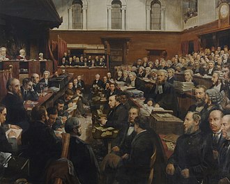In this painting by Frederick Sargent, the Claimant can be seen sitting in the lower centre; behind him, partially hidden, is Henry George Bogle, son of Andrew Bogle and the Claimant's constant companion and assistant during the trial. In the row behind the Claimant, Kenealy has risen to speak. The Tichborne Trial by Frederick Sargent.jpg