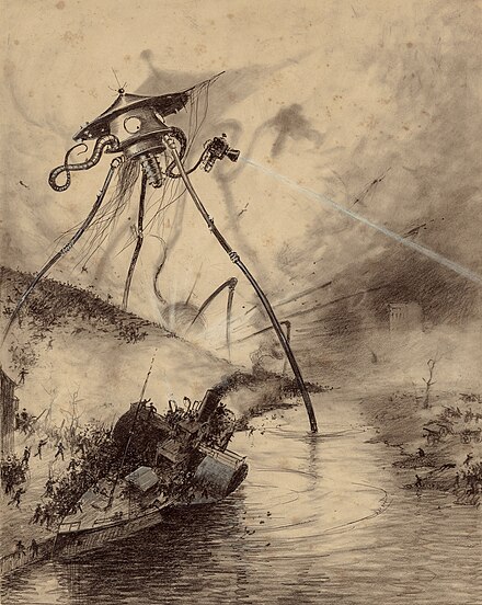 The alien invasion featured in H. G. Wells' 1897 novel The War of the Worlds, as illustrated by Henrique Alvim Corrêa