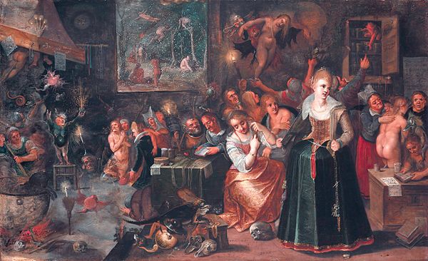 A Witches' Sabbath by Frans Francken the Younger. Note on extreme right pots of magic ointment and older witch applying ointment to back of naked youn