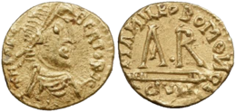 Zlati triens Teodeberta II., kovan v Clermont-Ferrandu; Francoska narodna knjižnica, Kabinet medalj, Pariz