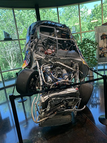 Kluever's wrecked ARCA car from 2005 on display at Roush-Fenway Racing.
