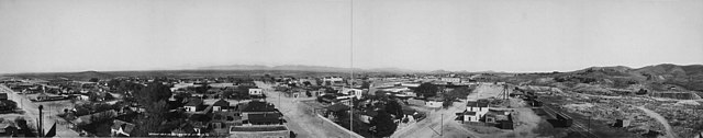 Panorama of Tombstone in 1909 from the upper floor of the Cochise County courthouse on 3rd and Tough Nut St. At the center, Third St. is to the left a