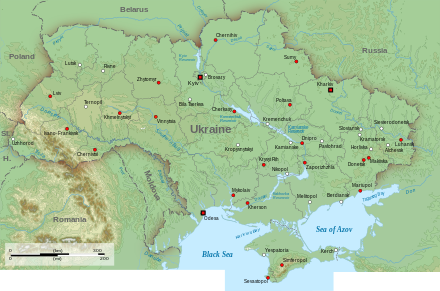 Topographic map of Ukraine (with borders and towns) Topographic map of Ukraine (with borders and towns).svg