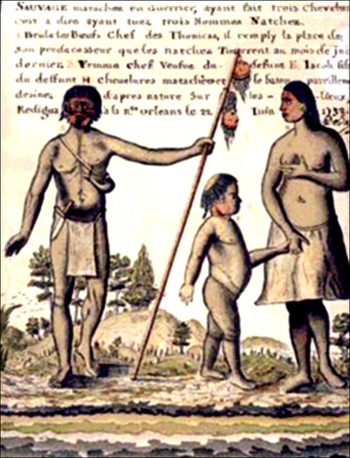 Tunica chief, Brides les Boefs (translated as Buffalo Tamer), holding a staff with three Natchez scalps, their enemies and the son and wife of the sla