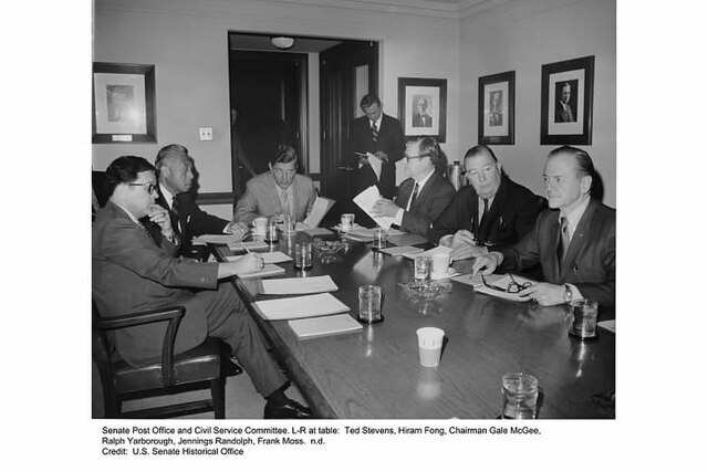 United States Senate Committee on Civil Service (L-R): Senators Ted Stevens (R-AK), Ranking Member Hiram Fong (R-HI), Chairman Gale McGee (D-WY), Ralp