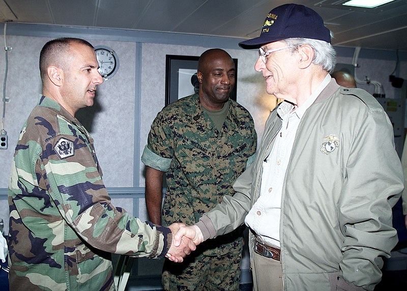 File:US Navy 030827-N-2954M-114 Senate Armed Services Committee Chairman Sen. John Warner (R-Va.), right, greets Army Sgt. Maj. Lawrence Lane, assigned to Joint Task Force Liberia.jpg