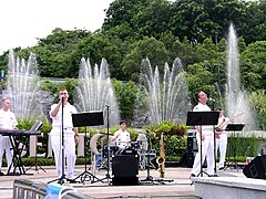 The band performing for visitors on the platform of the Sentosa Musical Fountain.