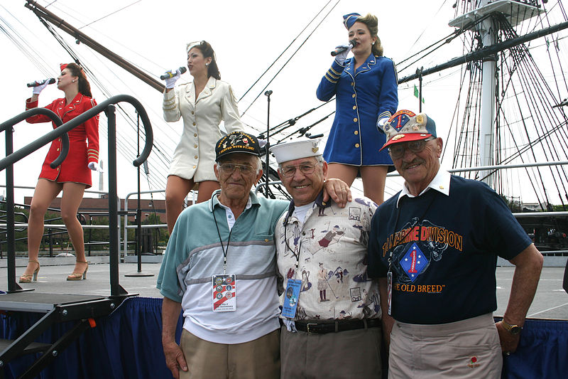 File:US Navy 050618-N-8110K-136 From left, World War II veterans and brothers, Tommy Mazzareilla (Marine Corps), Phil Mazzareilla (Navy), and Henry Mazzareilla (Army) enjoy the '40s music of the Liberty Belles.jpg