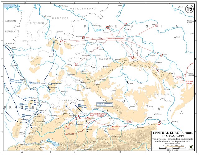 The French concentrated around the Rhine from early to mid-September. 210,000 troops of the Grande Armée prepared to cross into Germany and encircle t