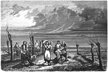 A 19th century engraving by Dessin de d'Henriet depicting kvass vendors in Livonia. Un marchand de kwass, en Livonie. -- Dessin de d'Henriet.jpg