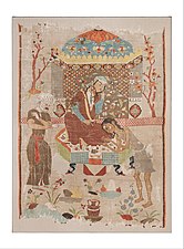 Photographie d'une tapisserie ancienne représentant trois personnages.