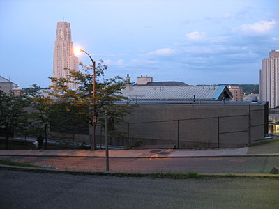The back of the Van de Graaff Building as seen from University Drive.  The Cathedral of Learning can be seen looming in the distance on the left.