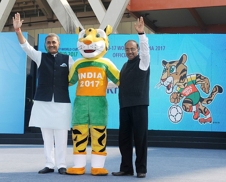 File:Vijay Goel with the President of AIFF, Shri Praful Patel unveiled the mascot KHELEO for FIFA under 17 World Cup India 2017, at the launch of the Mission XI Million, the biggest school sport outreach programme, in New Delhi.jpg