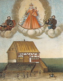 A German votive offering thanks to the Virgin Mary in the form of a painting (1796) Votivbild Taiserdorf 1796.jpg