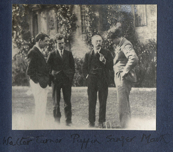 Walter J. Turner, Asquith, Charles Percy Sanger and Mark Gertler, in a photo taken by Lady Ottoline Morrell