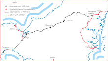 Active sections of the West Cornwall Railway at the present day West Cornwall Rly 2012.gif