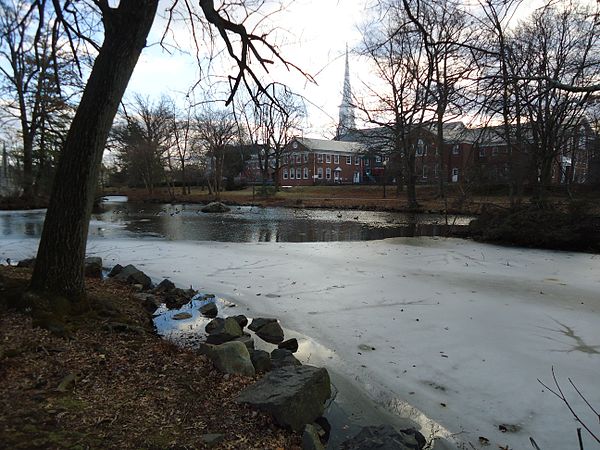 Presbyterian Church of Westfield as seen from Mindowaskin Park near the downtown area