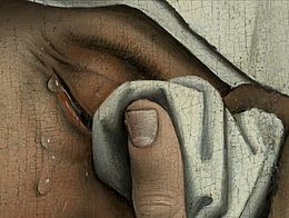 Detail from Descent from the Cross, c. 1435. Here van der Weyden portrays the tears and partially visible eyes of Mary of Clopas. Weyden, Rogier van der - Descent from the Cross - Detail women (left).jpg