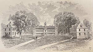 Print depicting Ancient Campus as it would have appeared before 1859. The Brafferton (left) and President's House (right) flank the Wren Building William and Mary College before the fire of 1859.jpg