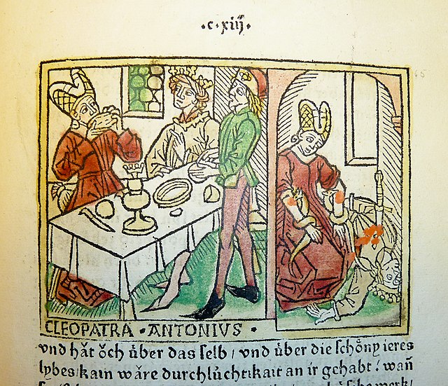 The Banquet of Cleopatra and Antony, a woodcut from a 1479 version of Giovanni Boccaccio's De Mulieribus Claris published in Ulm, Germany, which also 