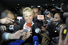 Xuxa, Brazilian television presenter, during an interview. Xuxa, Brasilia 2014.JPG