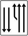 Zeichen 542–13 Aufleitungstafel – mit Gegenverkehr – zweistreifig plus Fahrstreifen links und 2 Fahrstreifen in Gegenrichtung