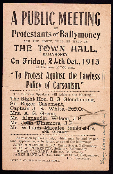 Poster for a 1913 anti-Carson meeting, hosted by Protestants of Ballymoney. Speakers included Roger Casement and Robert Glendinning.