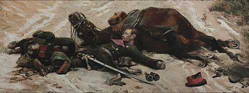 Panorama de la bataille de Champigny, un officier allemand mort près de son cheval expirant, avec à côté de lui un mobile français décédé. Musée de Grenoble[55].
