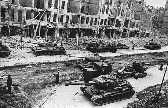 Soviet tanks and self-propelled guns on the streets of Berlin