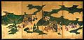 源氏物語図屏風「御幸」・「浮船」・「関谷」-Scenes from The Tale of Genji- “The Royal Outing,” “Ukifune,” and “The Gatehouse” MET DT1672.jpg