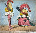 In Following the Fashion (1794), James Gillray caricatured figures flattered and not flattered by the high-waisted gowns then in fashion.