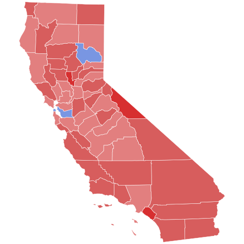 In 1966, Reagan was elected governor of California with 57.5 percent of the vote.[106]Reagan:      50–59%      60–69%      70–79% Brown:      50–59%