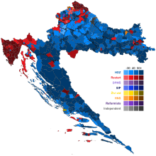 Results by municipality, showing vote share of the winning party. 2020 Croatian parliamentary election - Vote Strength by Municipality.svg