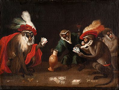 Singes jouant aux cartes (par un suiveur d'Abraham Teniers, n. d., coll. privée)