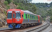 3026 after receiving the hybrid upgrade with the green branding. Adelaide Metro Hybrid 3000 Railcar.jpg
