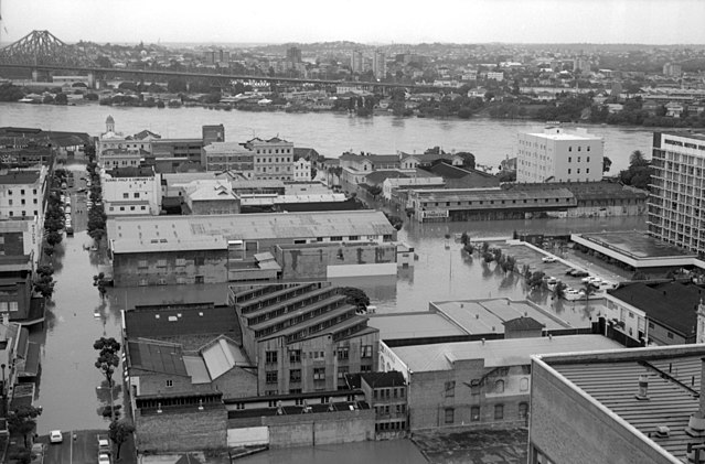 Aerial view looking at the flooding in Mary and Margaret Streets in the Brisbane CBD, January 1974