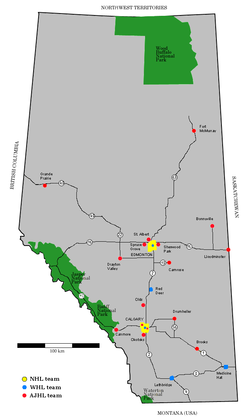 Location of hockey teams in Alberta as of 2007
.mw-parser-output .legend{page-break-inside:avoid;break-inside:avoid-column}.mw-parser-output .legend-color{display:inline-block;min-width:1.25em;height:1.25em;line-height:1.25;margin:1px 0;text-align:center;border:1px solid black;background-color:transparent;color:black}.mw-parser-output .legend-text{}
NHL
WHL
AJHL Albertahockeymap.PNG