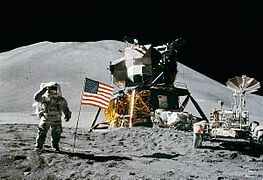 Apollo 15 flag, rover, LM, Irwin cropped.jpg