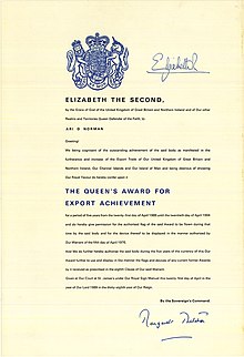 Queen's Award for Export Achievement Certificate Ari D Norman Queen's Award for Export Achievement Certificate.jpg