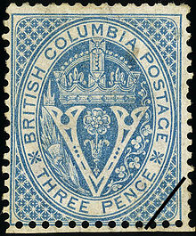 An 1865 stamp of British Columbia BC1 ThreePence.jpg