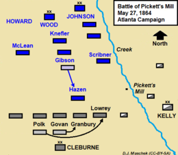 Battle of Pickett's Mill map shows Hazen's initial assault and Cleburne's reaction. Battle of Picketts Mill map.png