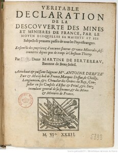 Martine de Bertereau, Véritable déclaration de la découverte des mines et minières de France, 1632    