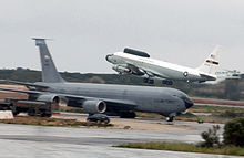 USAF NKC-135 "Big Crow" ECM aircraft takes off from a forward operating base Boeing NKC-135 "Big Crow" and KC-135R.JPEG