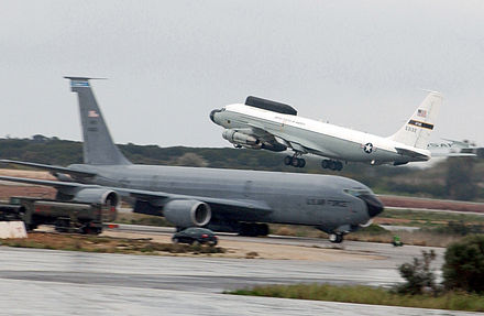 USAF NKC-135 "Big Crow" ECM aircraft takes off from a forward operating base[3]