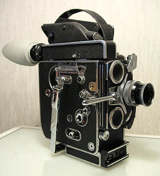A 16 mm spring-wound Bolex "H16" reflex camera – a popular entry-level camera used in film schools