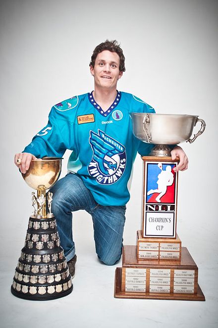 Photo of Professional Lacrosse Player Brad Self with the NLL Champions Cup and the Mann Cup. Photo taken by Jamo Best. Brad self, photo by Jamo Best.jpg