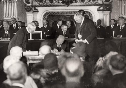 August 27, 1928: Germany's Foreign Minister Gustav Streseman joins others in signing Kellogg-Briand Peace Pact in Paris, renouncing "war as an instrum