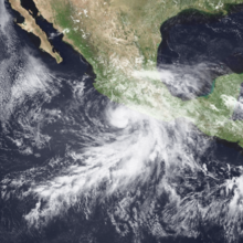 A hurricane near the western coast of Mexico; the cloud pattern resembles a spiral near the center, with an elongated hook curving outwards