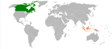 Localisation de l'Indonésie (orange) et du Canada (vert) sur une carte du monde