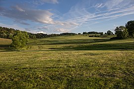 Pastures of freshly-cut grass near Aboën, Loire, France.